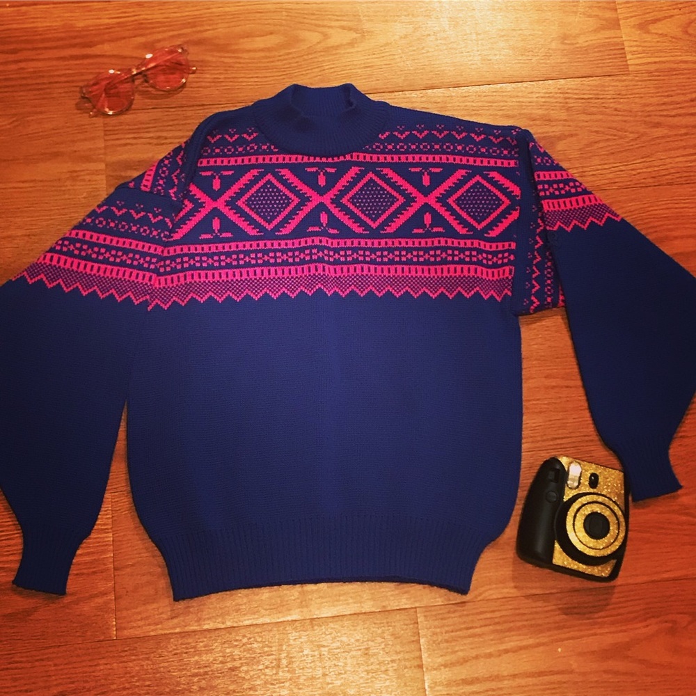 🌵80’s Azul Blue + Hot Pink High Neck Sweater
